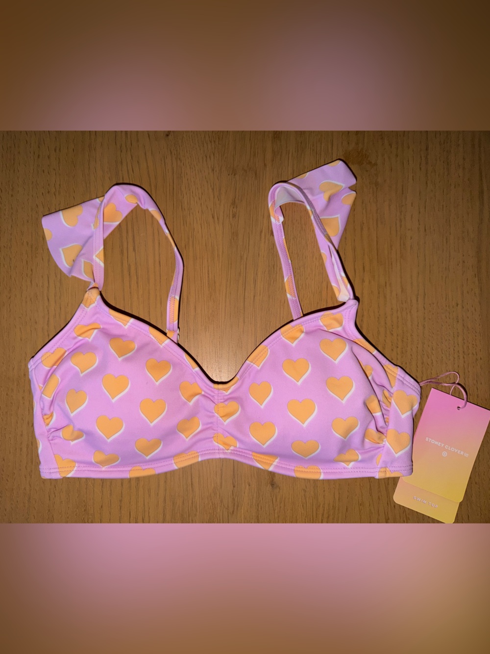 Limited Edition Stoney Clover Lane Pink Heart Print Ruffle Bikini Top NWT XS/S